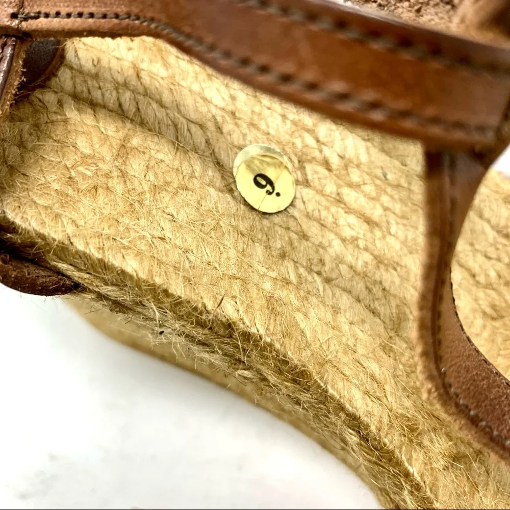 Andrea Assous Brown Leather Flower T-Strap Espadrille Wedges 9 Cottagecore